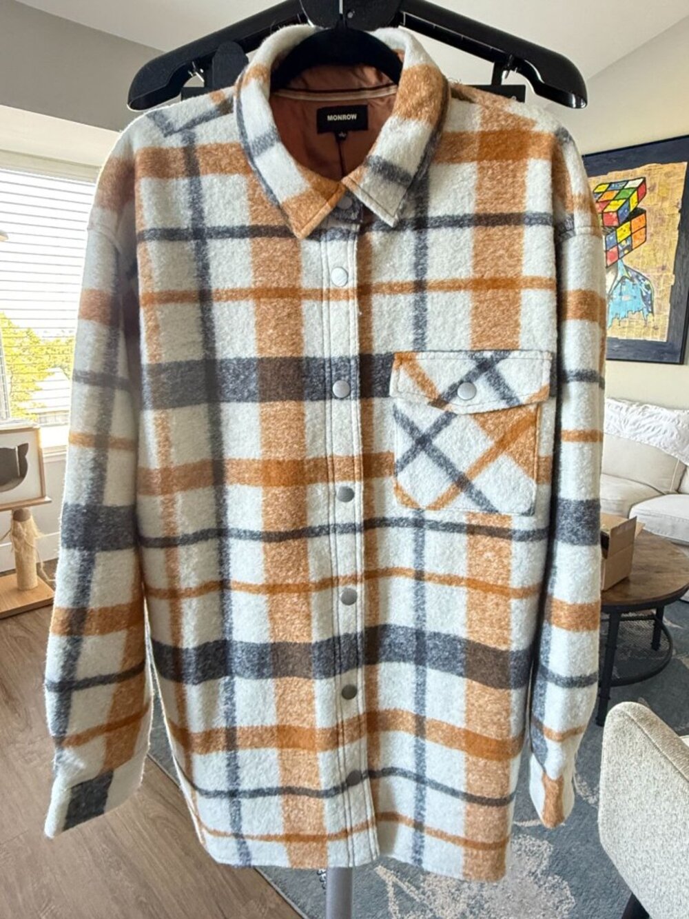 MONROW Plaid Wool Blend Shacket Jacket Ivory Camel Grey Size L NWT HJ0234-1
